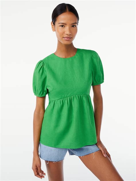 Scoop Womens Linen Blend Peplum Top With Puff Sleeves