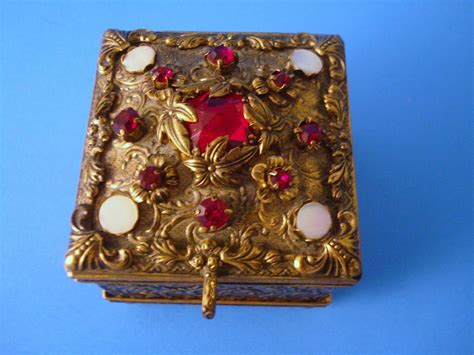 Gorgeous Vintage Gold Brass Ruby Glass Jeweled Trinket Box West Germany♥ • ´¨` •♥ Jewelry