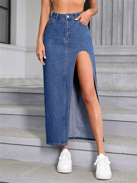 Shein Essnce High Waist Split Thigh Denim Skirt Shein Usa