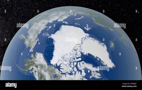 Arctic ice minimum extent. Satellite image showing the Arctic polar ice ...