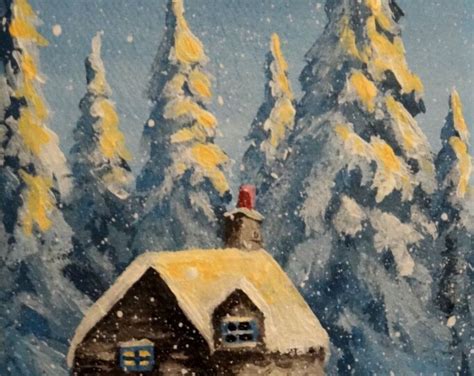 Winter Cabin Painting, Winter Pine Trees Artwork, Cabin Snowy Woods ...