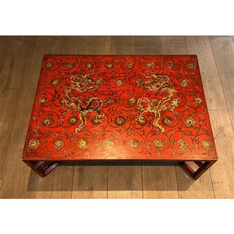 1970s Red Lacquered Coffee Table With Chinese Gold Decorations Chairish