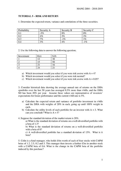 Tutorial Risk Return Questions Mang Tutorial