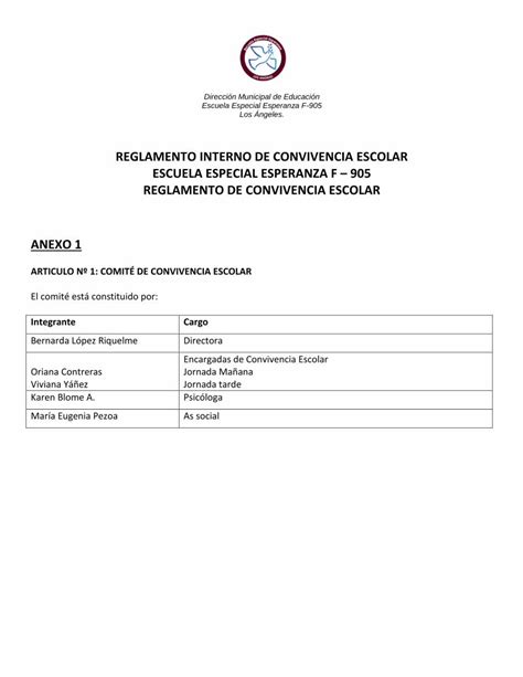 PDF REGLAMENTO INTERNO DE CONVIVENCIA ESCOLAR ESCUELA De La