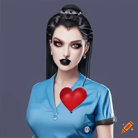 Goth Woman In Nurse Uniform Holding Realistic Heart