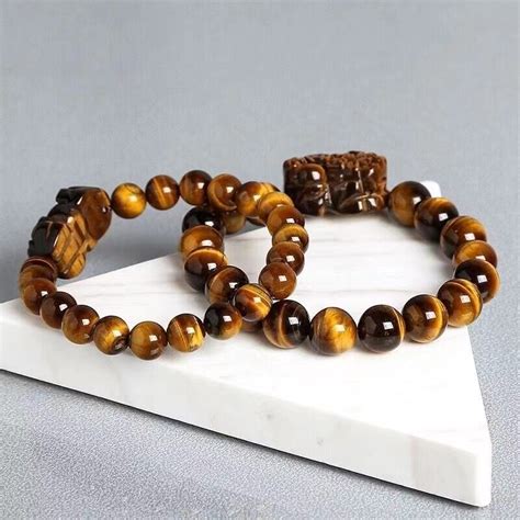 Natural Yellow Tiger Eye Gemstone Round Bead Pixiu Stretch Bracelet