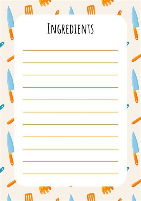 Printed ingredients template with kitchen utensils for cooks and ...