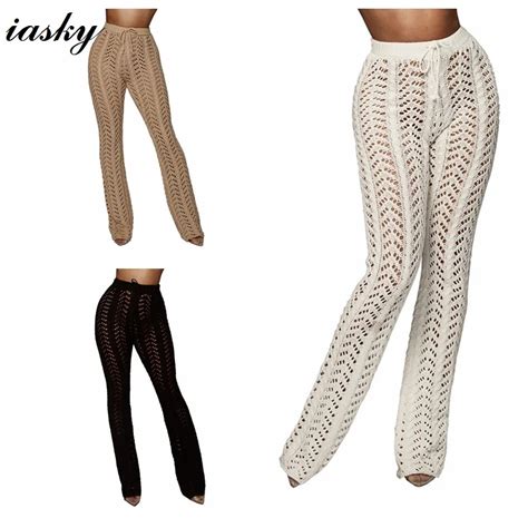 IASKY Crochet Bikini Cover Up Pants 2018 Women Hollow Out Long Beach