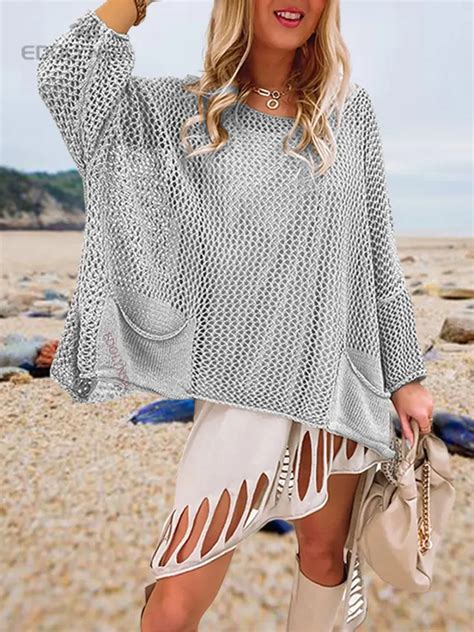 White Crochet Tunic Bikini Cover Ups Sexy Hollow Out Pocket Mesh Tops