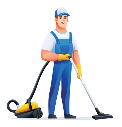 Cleaning service man with vacuum cleaner. Male janitor cartoon ...