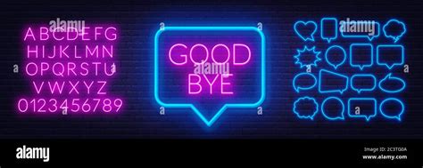 Neon Sign Good Bye In Speech Bubble Frame On Dark Background Set Of