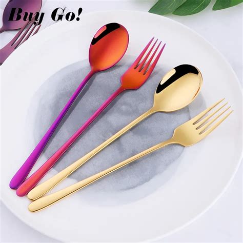 2PC Korean 18 10 Stainless Steel Soup Spoon And Fork Set Gold Dinner