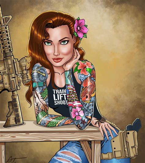 Pin Up Girl With Guns Tattoos