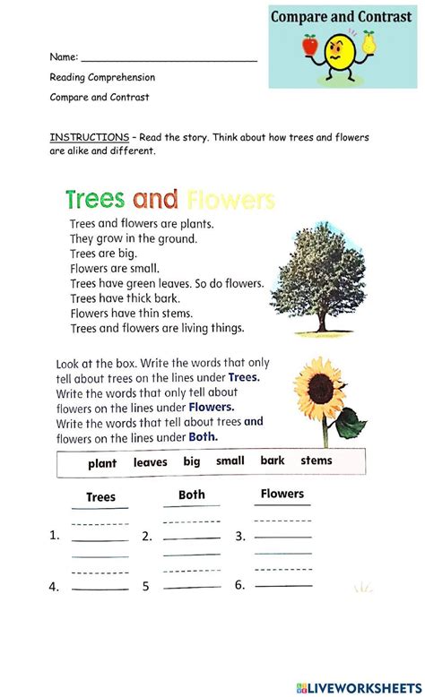 Compare And Contrast Exercise For Grade Live Worksheets