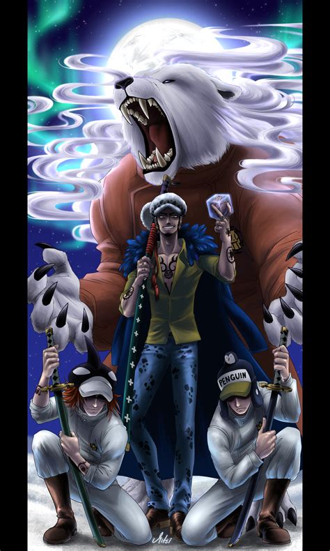 trafalgar law, bepo, penguin, and shachi (one piece) drawn by