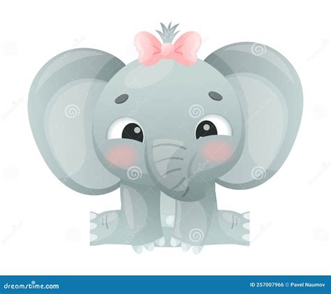 Funny Grey Elephant With Large Ear Flaps And Trunk Sitting With Bow On