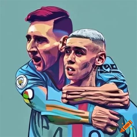 Lionel Messi And Phil Foden Celebrating A Goal On Craiyon