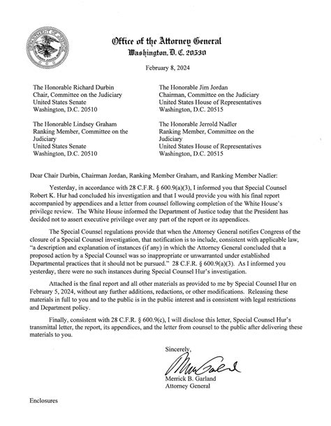 Attorney General’s Letter to Congress on the Hur Report - The New York Times