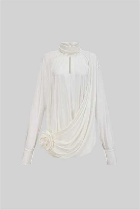 Elegant High-Collar Dress With Draped Details And Side Rose