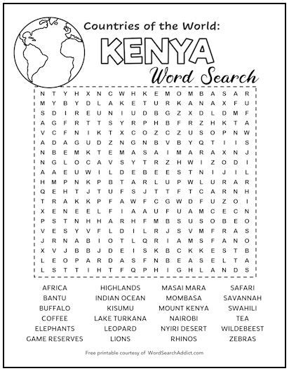 Kenya Printable Word Search Puzzle | Word Search Addict