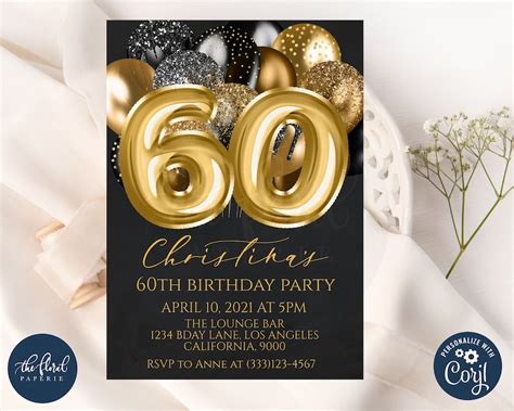 60th Birthday Invitation Template Editable Black And Gold Etsy