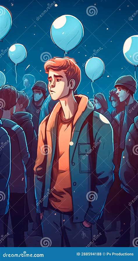 Sad Young Man In A Crowd Of People Generative Ai Stock Illustration