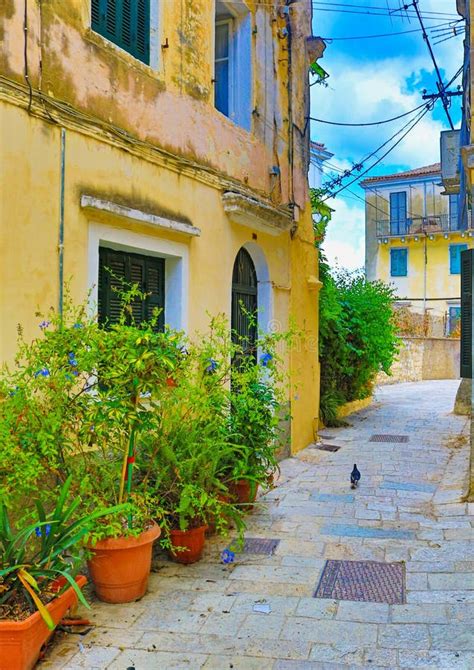 Nice Cobbled Narrow Street Corfu Town House Historic Center Stock Image