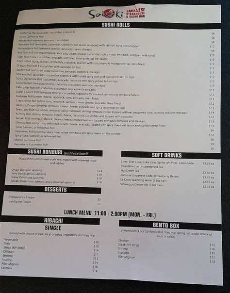 Menu at Saisaki Japanese Steakhouse & Sushi Bar, Chelsea