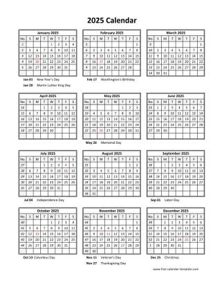 Printable yearly calendar 2025 with US holidays | Free-calendar ...