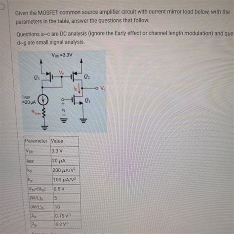 Solved Given The Mosfet Common Source Amplifier Circuit With