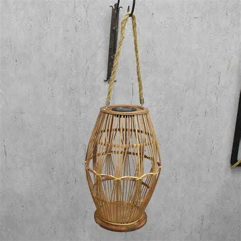 Large Natural Bamboo Rattan Solar Lantern Outdoor Waterproof With Rope