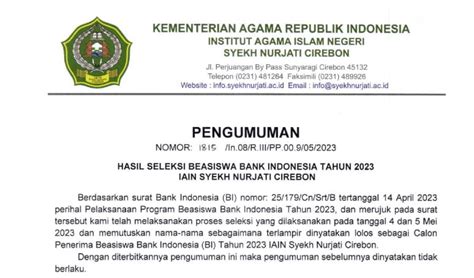 HASIL SELEKSI BEASISWA BANK INDONESIA TAHUN 2023 IAIN SYEKH NURJATI