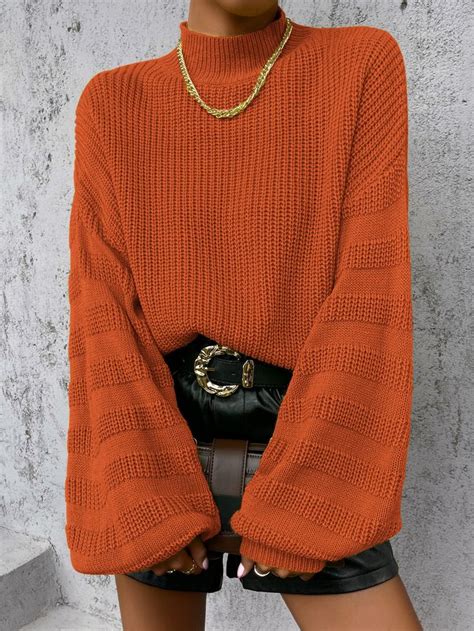 Orange Mock Neck Bishop Sleeve Ribbed Knit Jumper