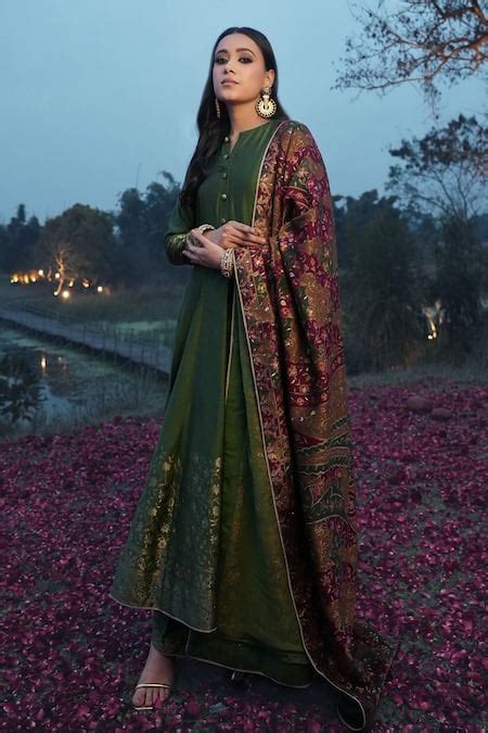 Buy Green Vegan Silk Woven Floral Round The Duha Anarkali Set For Women