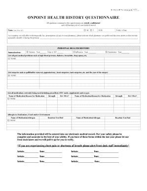 Fillable Online Health History Questionnaire OnPoint Urgent Care Fax