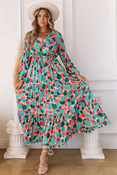 Multicolor Bohemia Print V Neck Ruffle Long Sleeve Maxi Dress Lost