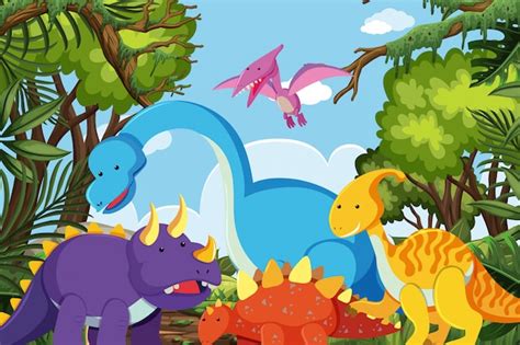 Premium Vector | Dinosaurs in jungle scene