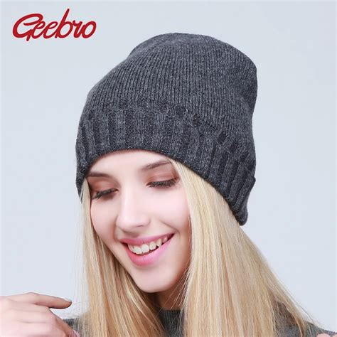 Geebro Womens Knitted Wool Beanies Winter Warm Wool Solid Color