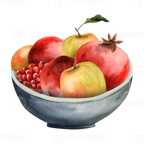 Fresh Ripe Fruits In A Bowl With Pomegranates And Apples Watercolor