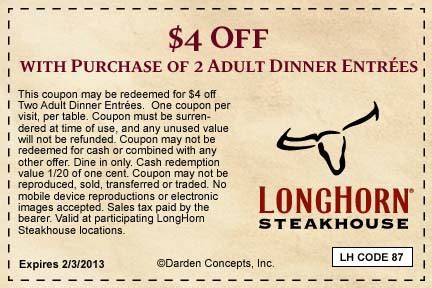 Longhorn Steakhouse: $4 off Printable Coupon