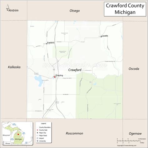 Map of Crawford County, Michigan showing cities, highways & important ...