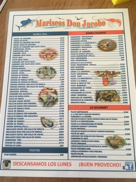 Carta del restaurante Mariscos Don Jacobo Culiacán Rosales