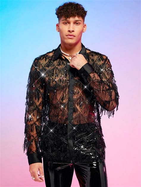 SHEIN Men Fringe Trim Sequin Decor Shirt Party Outfit Men Shimmer