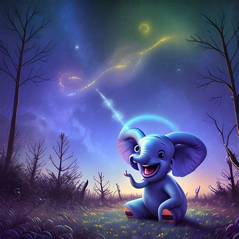 Dumbo, laughing, starry sky, forest, 4K，, Trippy, Cartoon - Arthub.ai