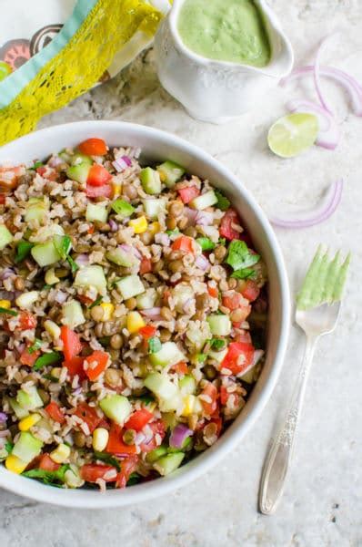 Healthy Brown Rice Salad With Lentil And Creamy Avocado Dressing