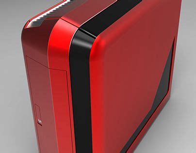 A Red And Black Computer Case Sitting On Top Of A Gray Surface With No