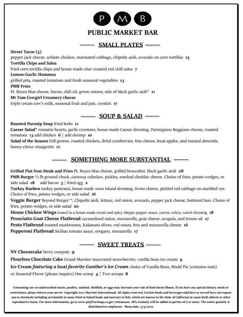 Menu at Public Market Bar, Grand Sheraton, Sacramento