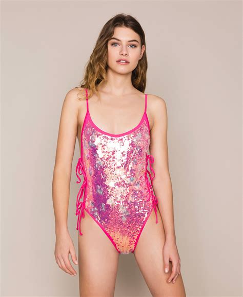 One-piece swimsuit with sequin embroidery