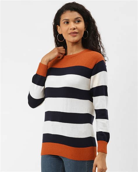 Buy Womens Rust Orange And Navy Blue Striped Pullover Sweater Online At