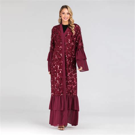 Muslim Women Lace Sequin Cardigan Maxi Dress Kimono Open Abaya Robe